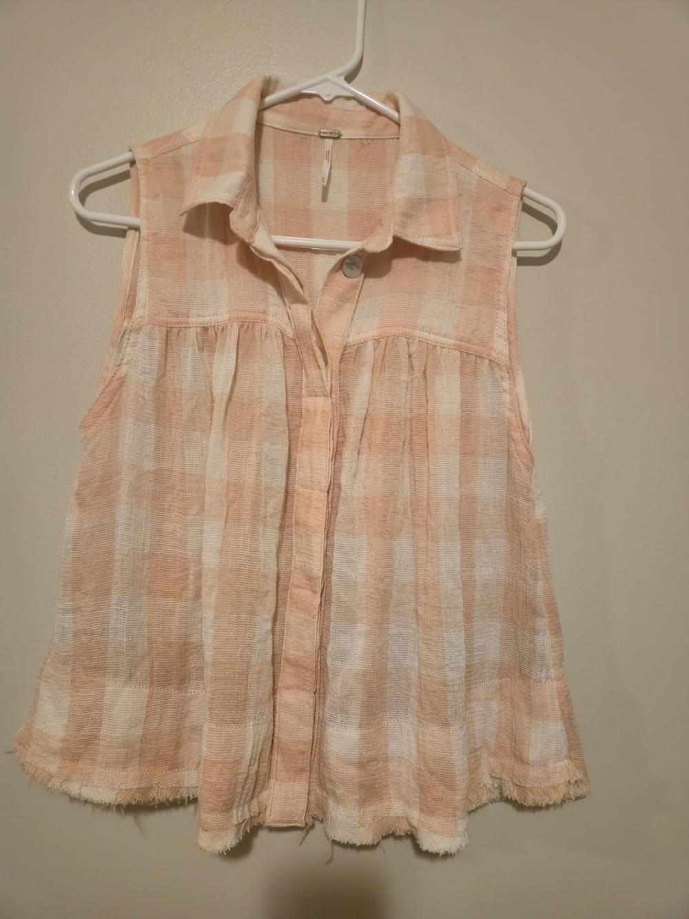 Free People Peach & White Plaid Sleeveless Button Top